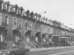 Habitations et commerces, rue Saint-Denis au nord de la rue Roy, 1975.