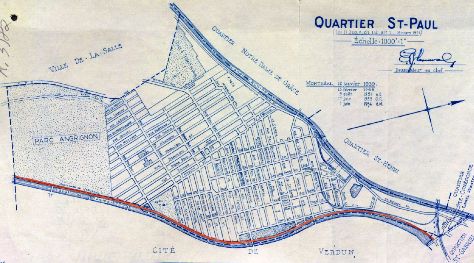 Carte du quartier Saint-Paul. Tracée en rouge, le boulevard De La Vérendrye, 1939, VM6, R3182.