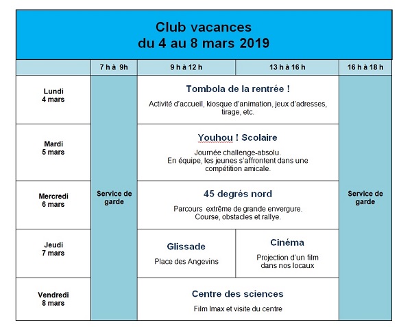 Tableau programmation relâche scolaire 2019