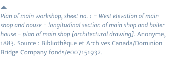   Plan of main workshop, sheet no  1 - West elevation of main shop and house - longitudinal section of main shop and    