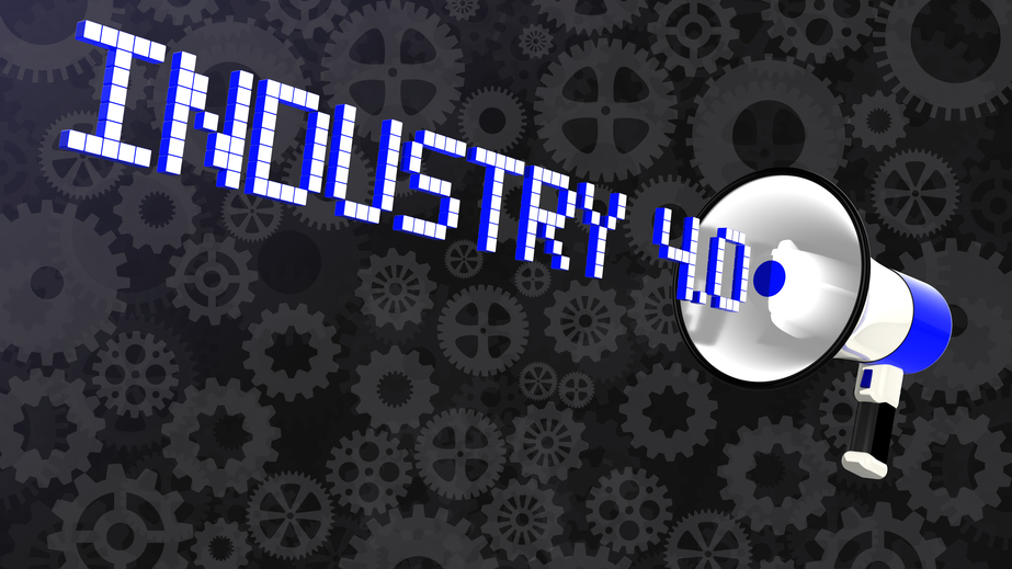 White megaphone emitting the word Industry 4.0  3D illustration on a background with various cogs