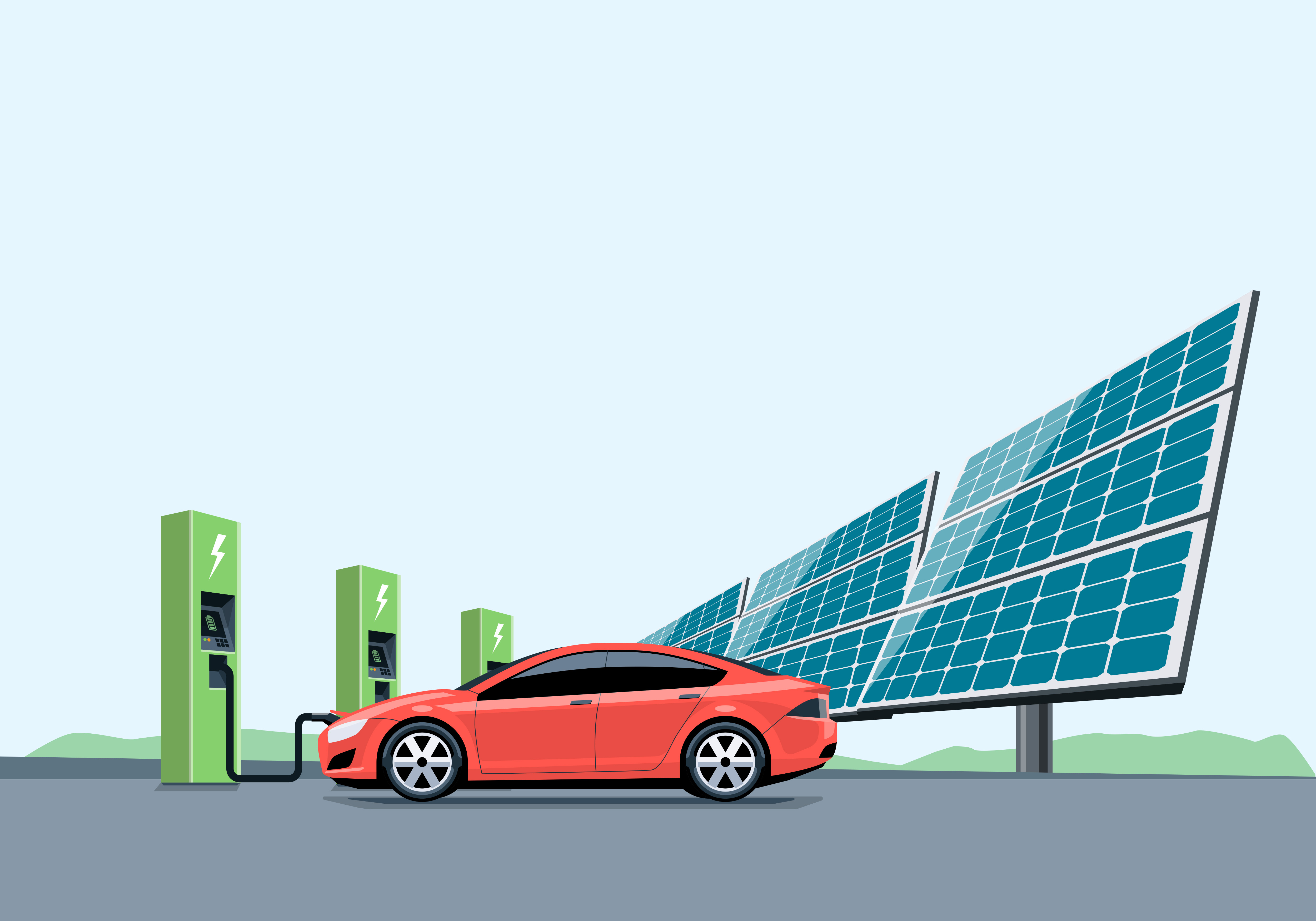 Flat vector illustration of a red electric car charging at the charger station in front of the solar panel plant. Electromobility e-motion concept.
