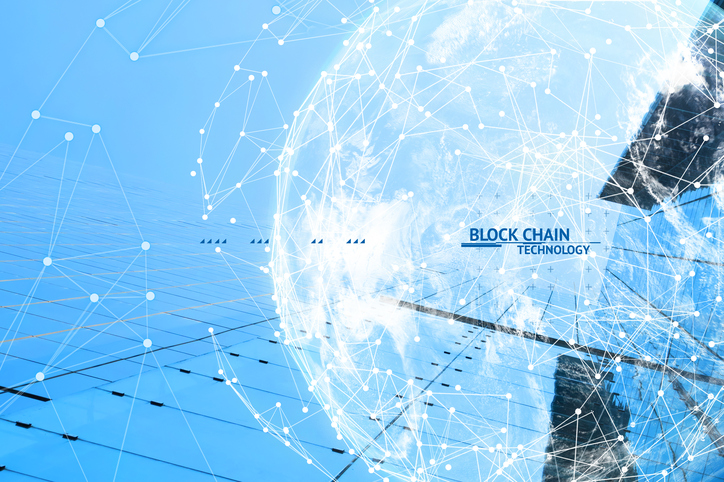 Fintech technology and Blockchain network concept , Distributed ledger technology connect wireframe and cloud globe furnished by NASA with blue building background and text.