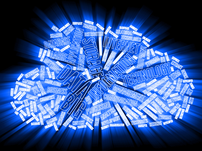 Big data information analysis illustration with internet data sets text in blue neon glowing light. Big data is big amount of structured, semi-structured and unstructured data sets that has the potential to be analysed, data mining for information.