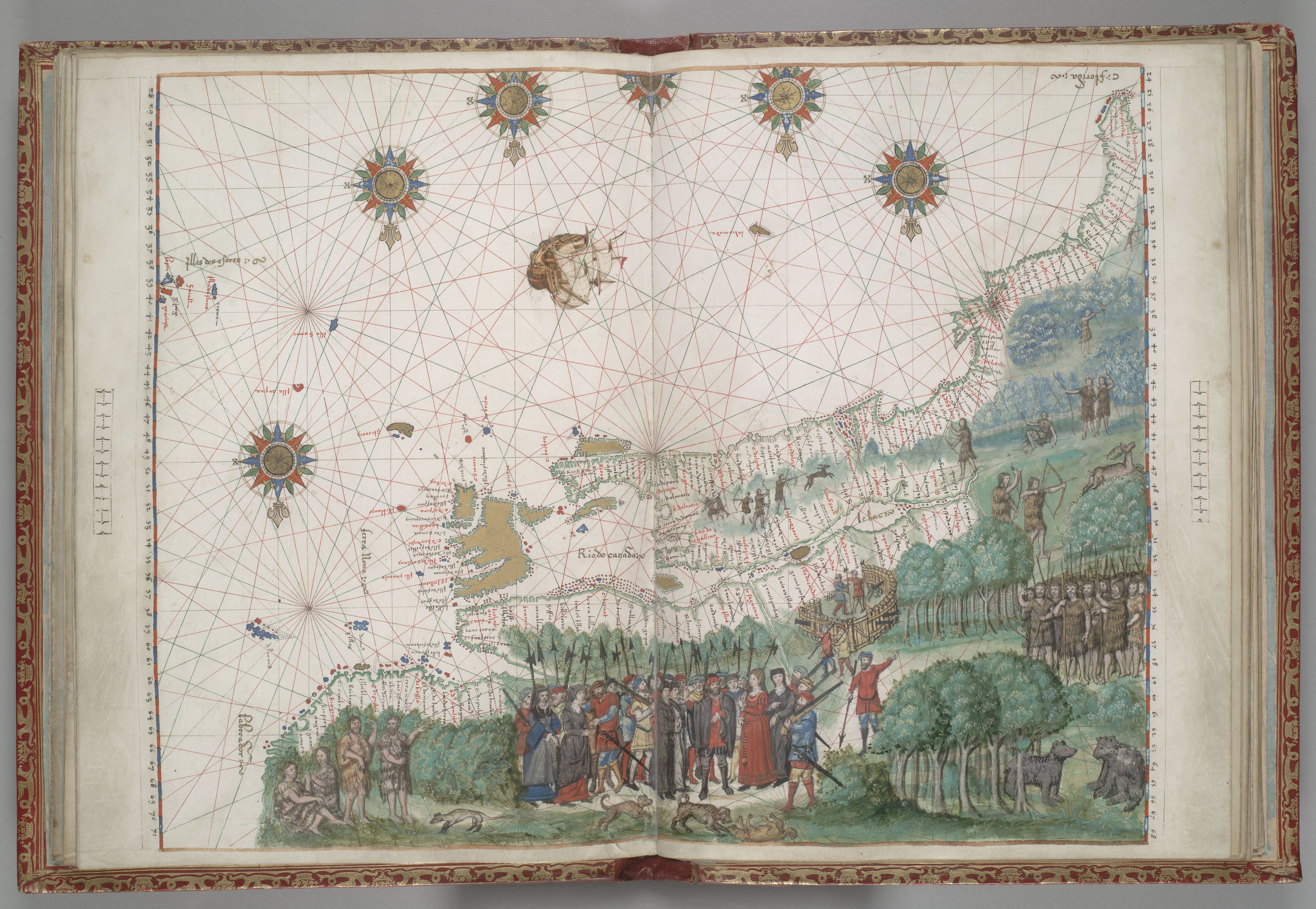 Représentation de la côte est de l’Amérique du Nord datant de 1547. Le cartographe a placé le Nord en bas du dessin. Cartier serait un des personnages.