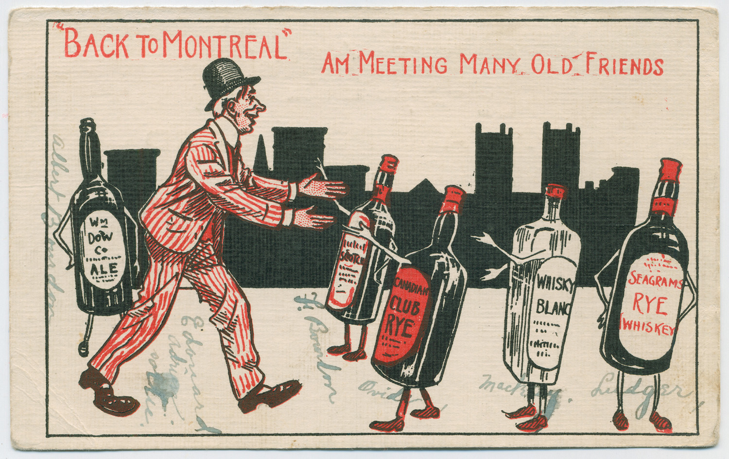Carte postale en noir et rouge montrant un homme qui rencontre ses « amis » les bouteilles d’alcool.