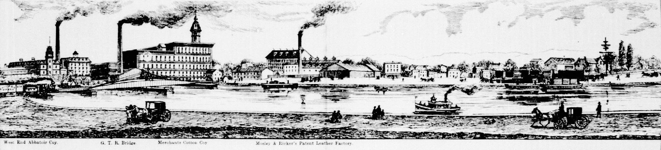 Gravure d'une vue de Saint-Henri depuis la rive sud du canal de Lachine.