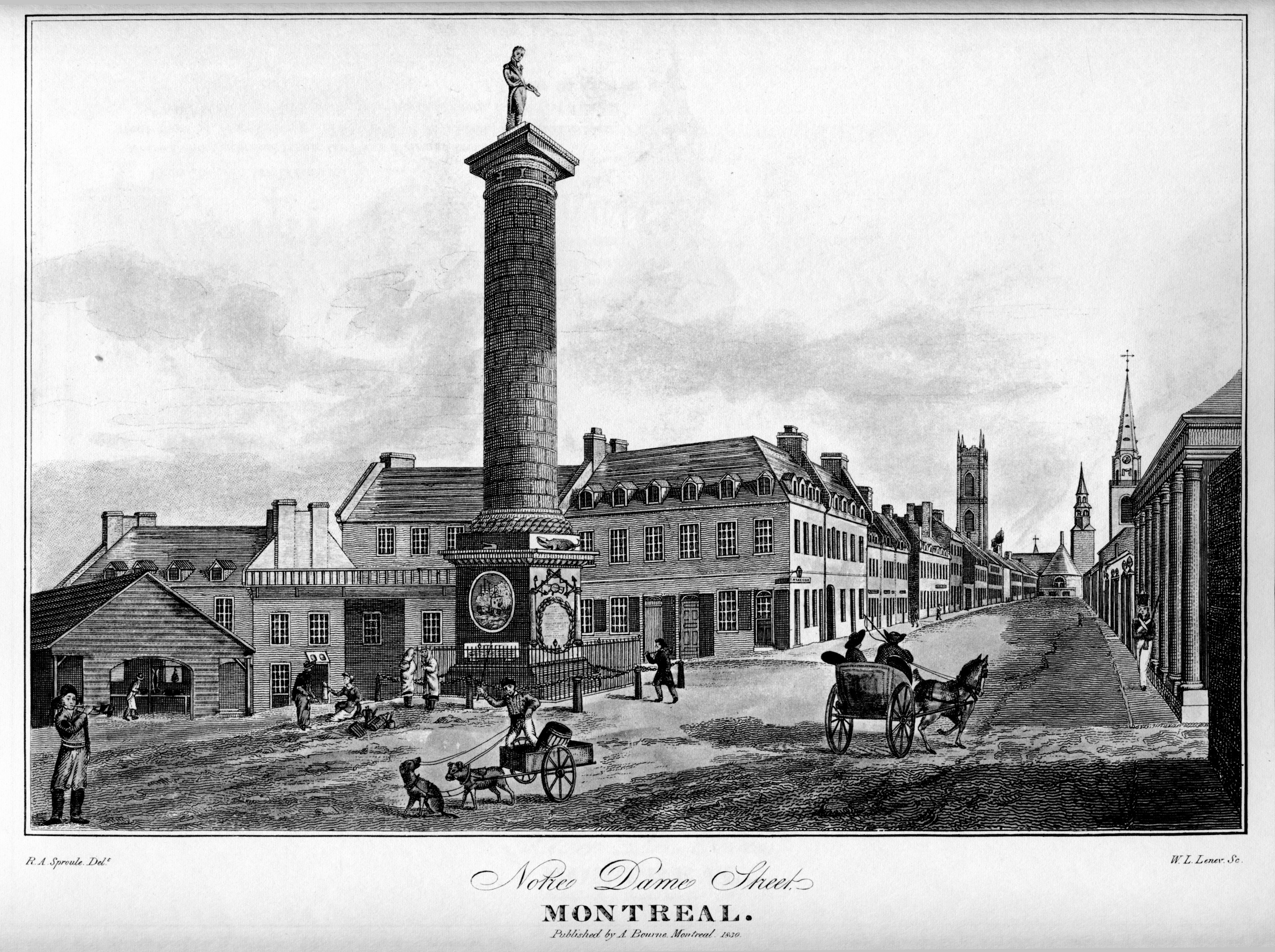 La rue Gravure de la rue Notre-Dame montrant la colonne Nelson en 1830.