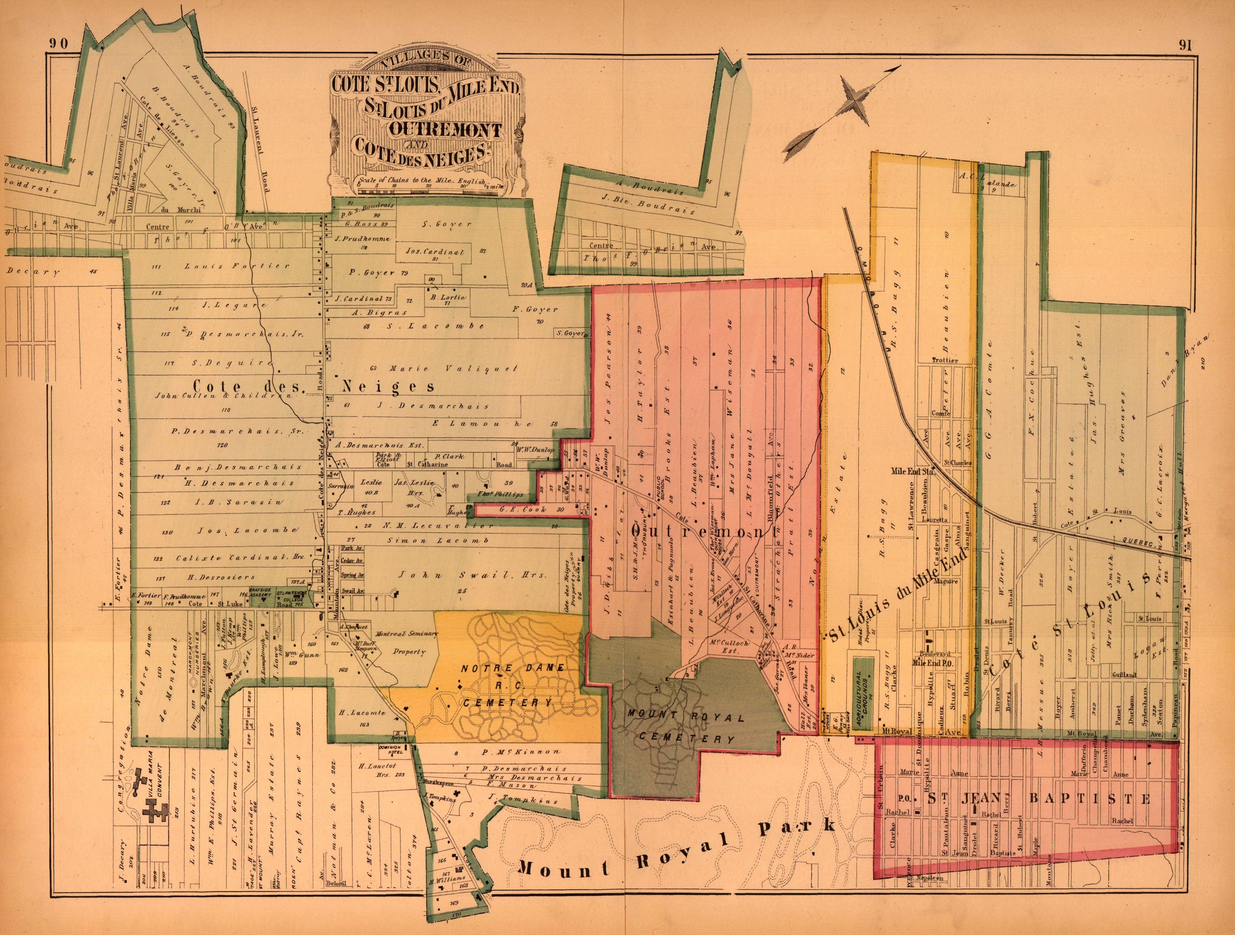 Carte présentant le tracé des rues de différentes municipalités, parmi lesquelles « Saint-Louis du Mile End » apparaît. On peut également y voir les inscriptions « Mile End Station » ainsi que « Mile End P.O. ».
