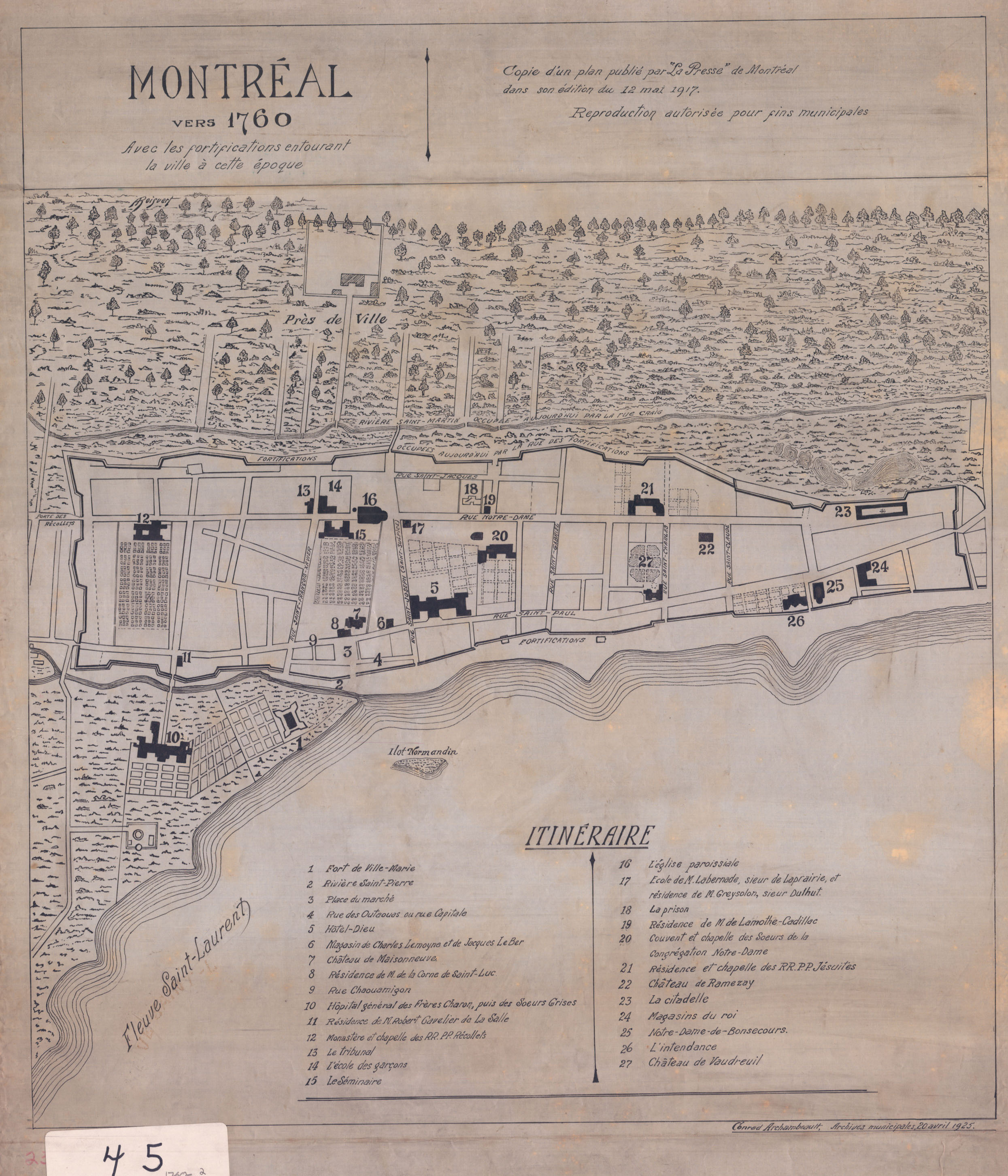 Copie d'un plan montrant Montréal vers 1760