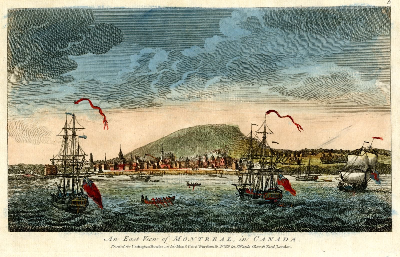 Gravure montrant une vue sur Montréal à partir du fleuve avec navires à l’avant-plan et la montagne à l’arrière-plan