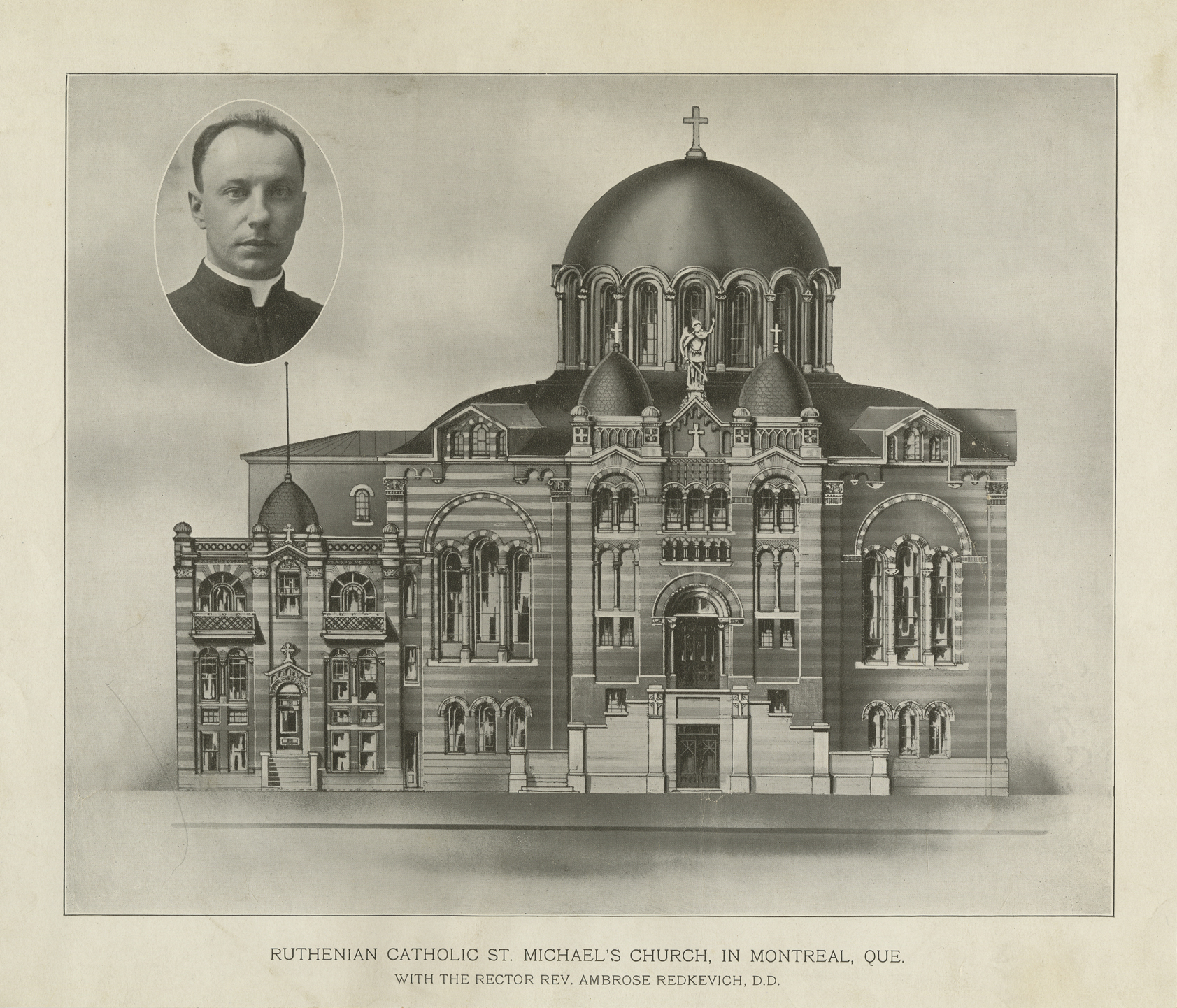 Projet architectural pour la construction de la première église paroissiale catholique ukrainienne à Montréal. En haut, à gauche, une photo du révérend Ambroise Redkevych, l’un des fondateurs de la paroisse.