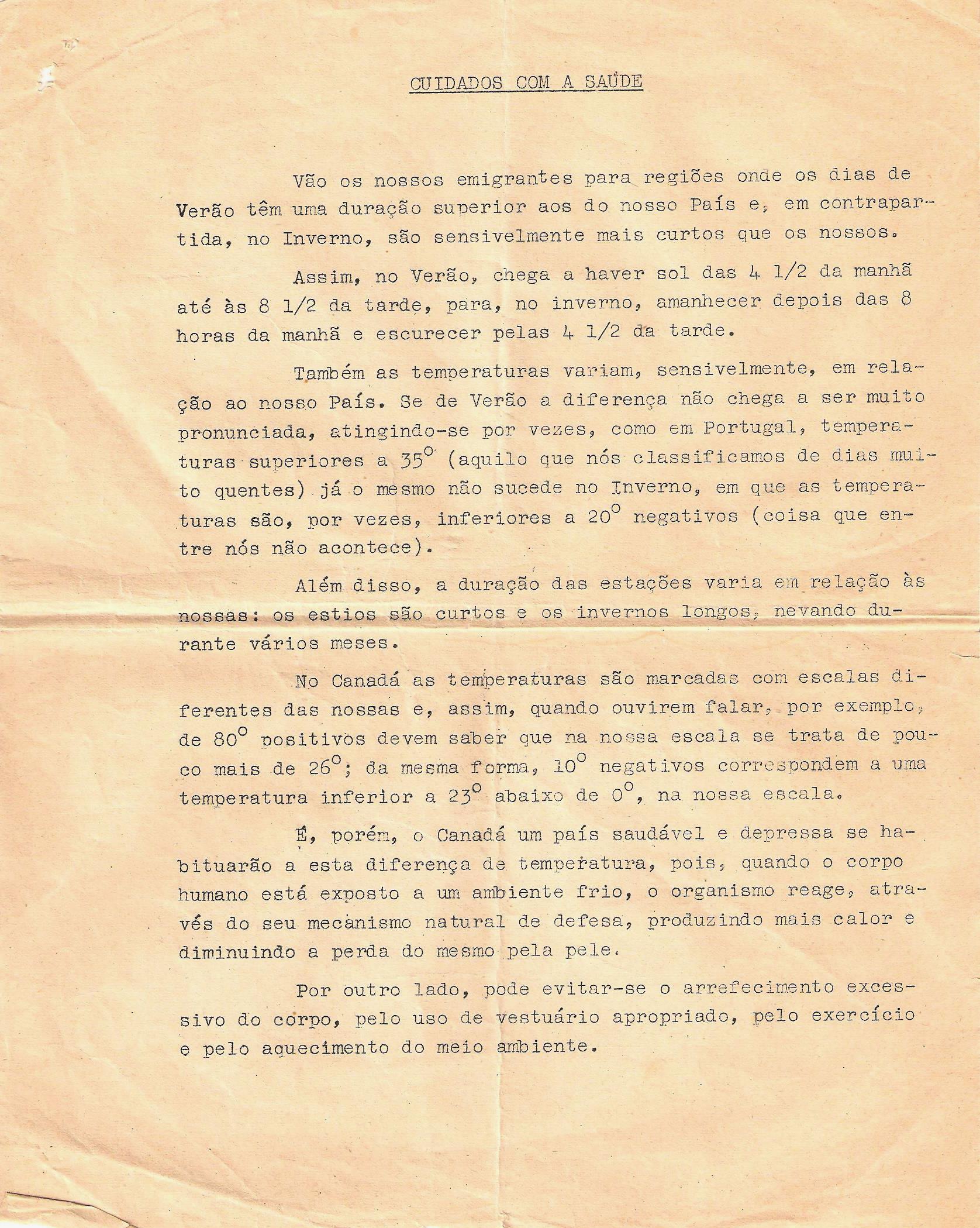 Première page d’un document de trois pages écrit en portugais et s’intitulant Cuidados com a saude donnant des informations sur les saisons et le climat. 