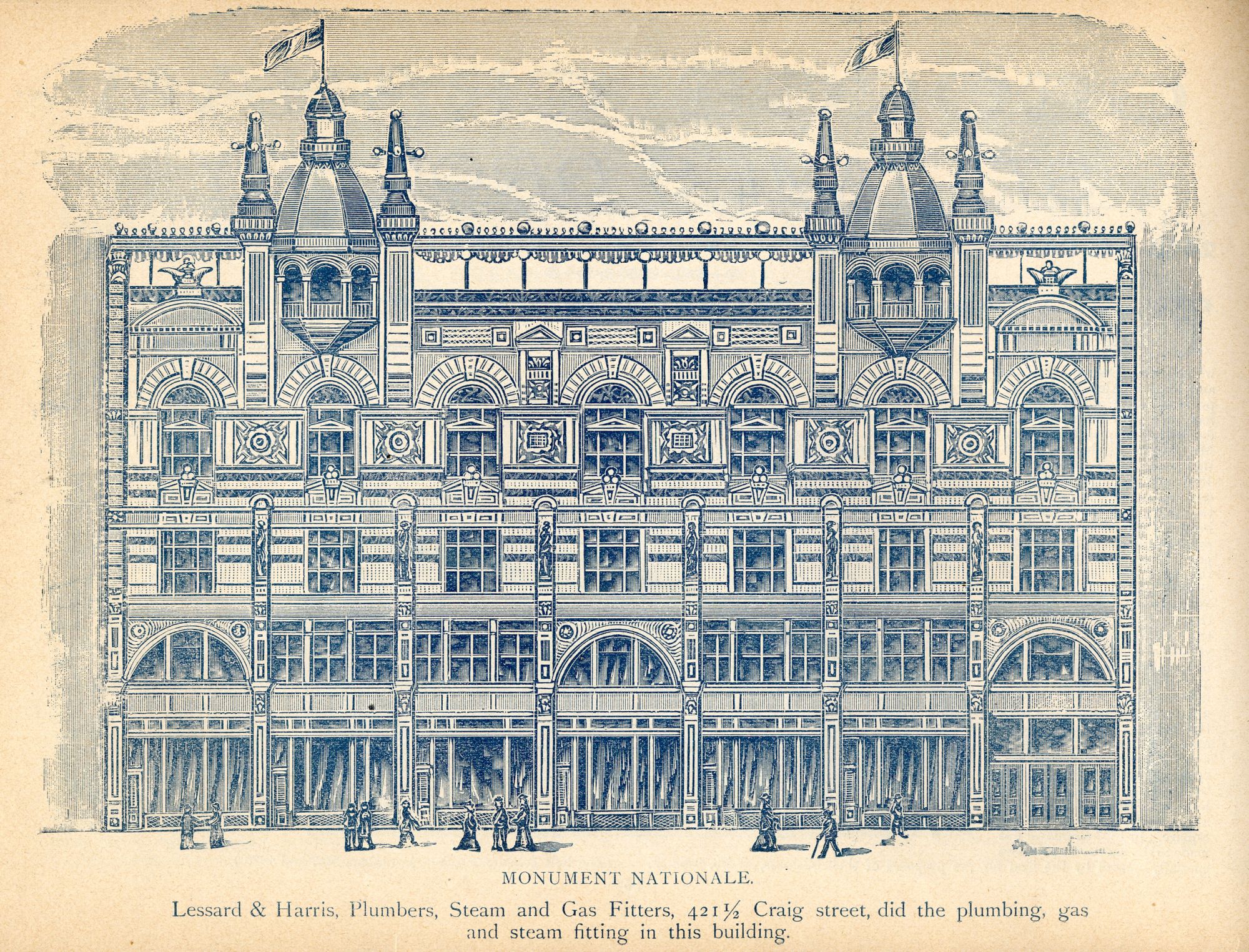 Estampe illustrant la façade du bâtiment du Monument-National tel qu’il apparaissait peu après son érection en 1893