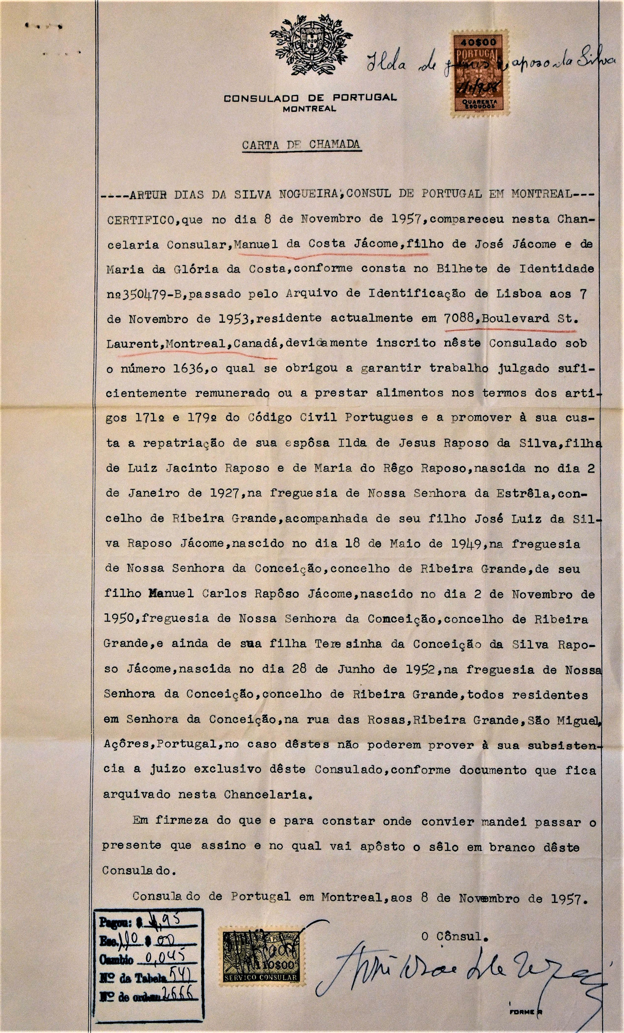 Document officiel rempli au consulat du Portugal à Montréal pour la réunification de sa famille. 