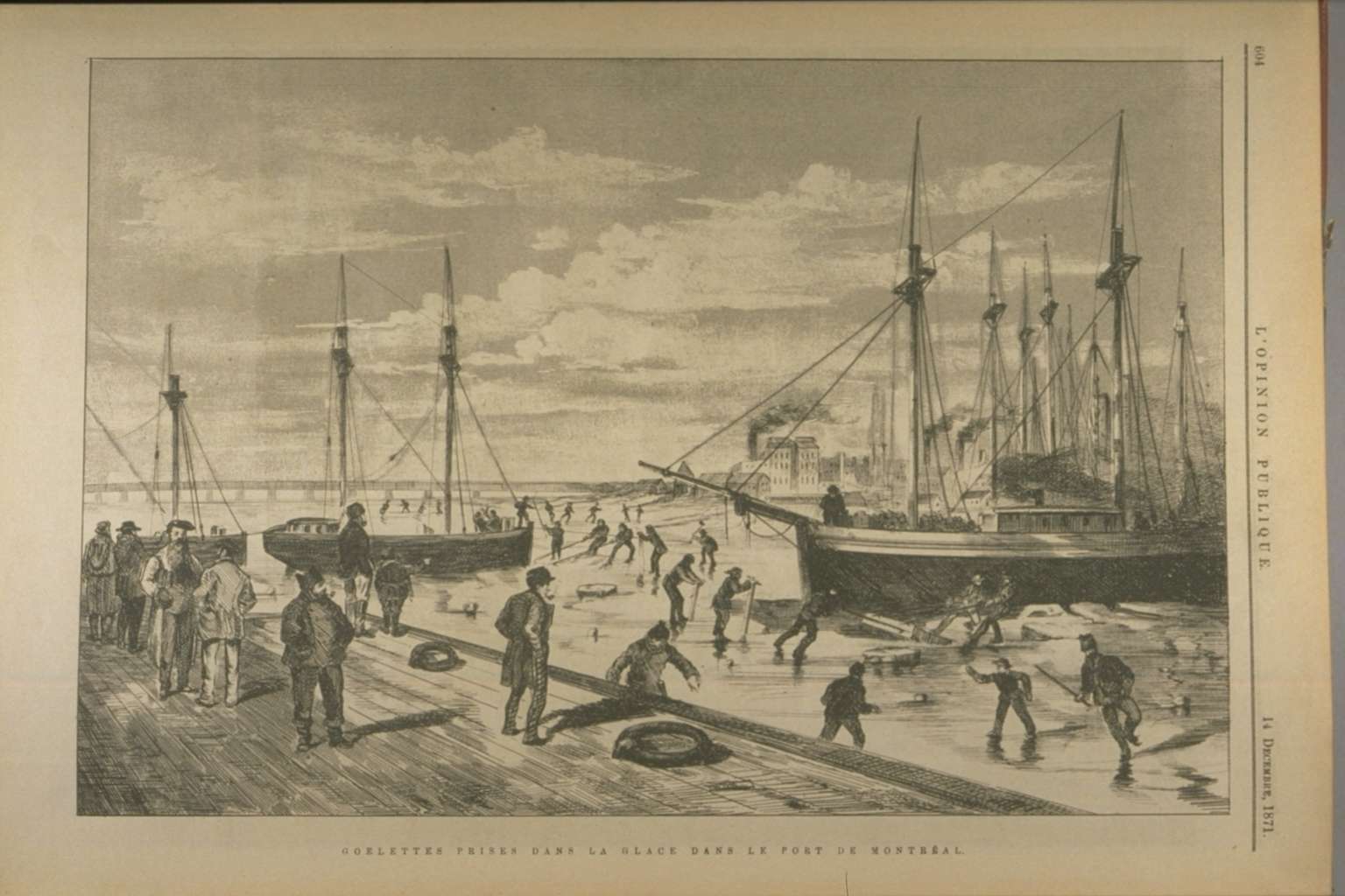 Illustration de goélettes prises dans la glace au port. Plusieurs travailleurs se mettent à l'ouvrage sur la glace autour des goélettes.