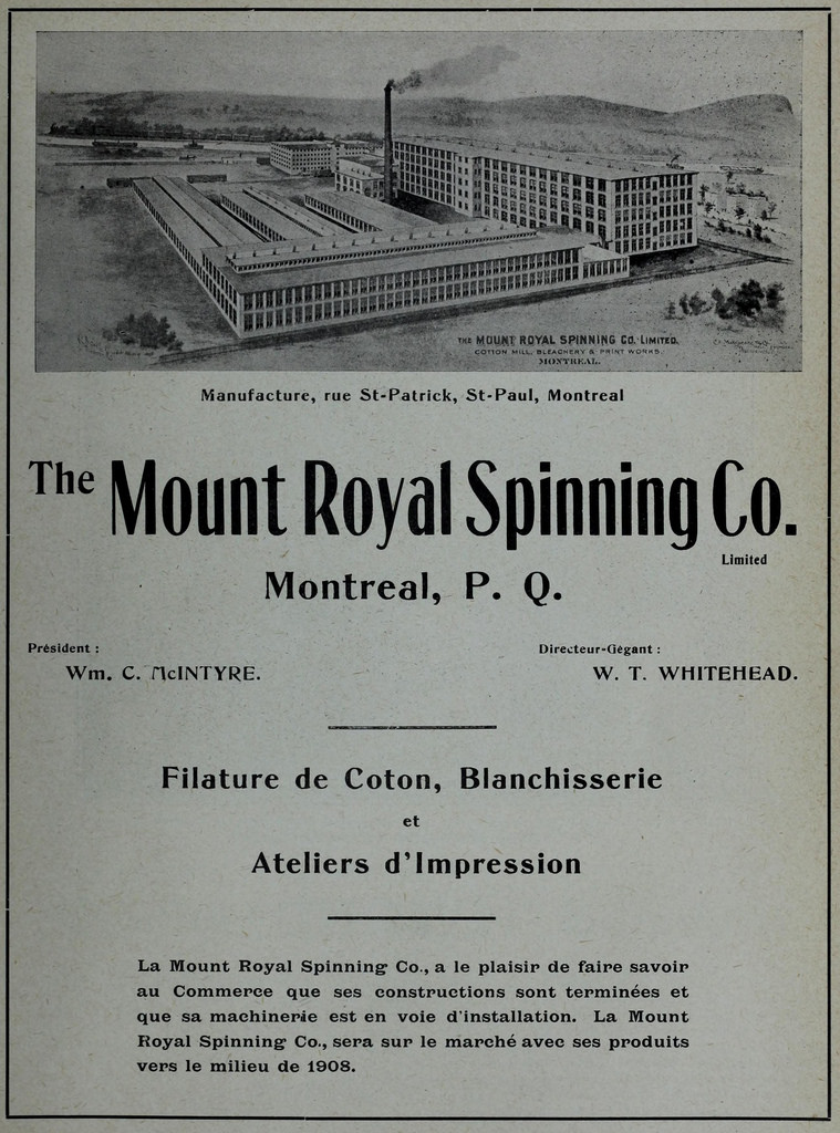 Affiche annonçant l'ouverture prochaine, en 1908, de la filature de coton au coin des rues Saint-Patrick et Saint-Paul.