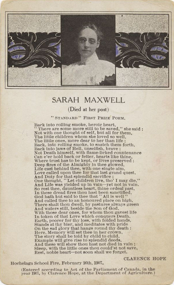 Carte postale couleur avec un poème en l’honneur de Sarah Maxwell.