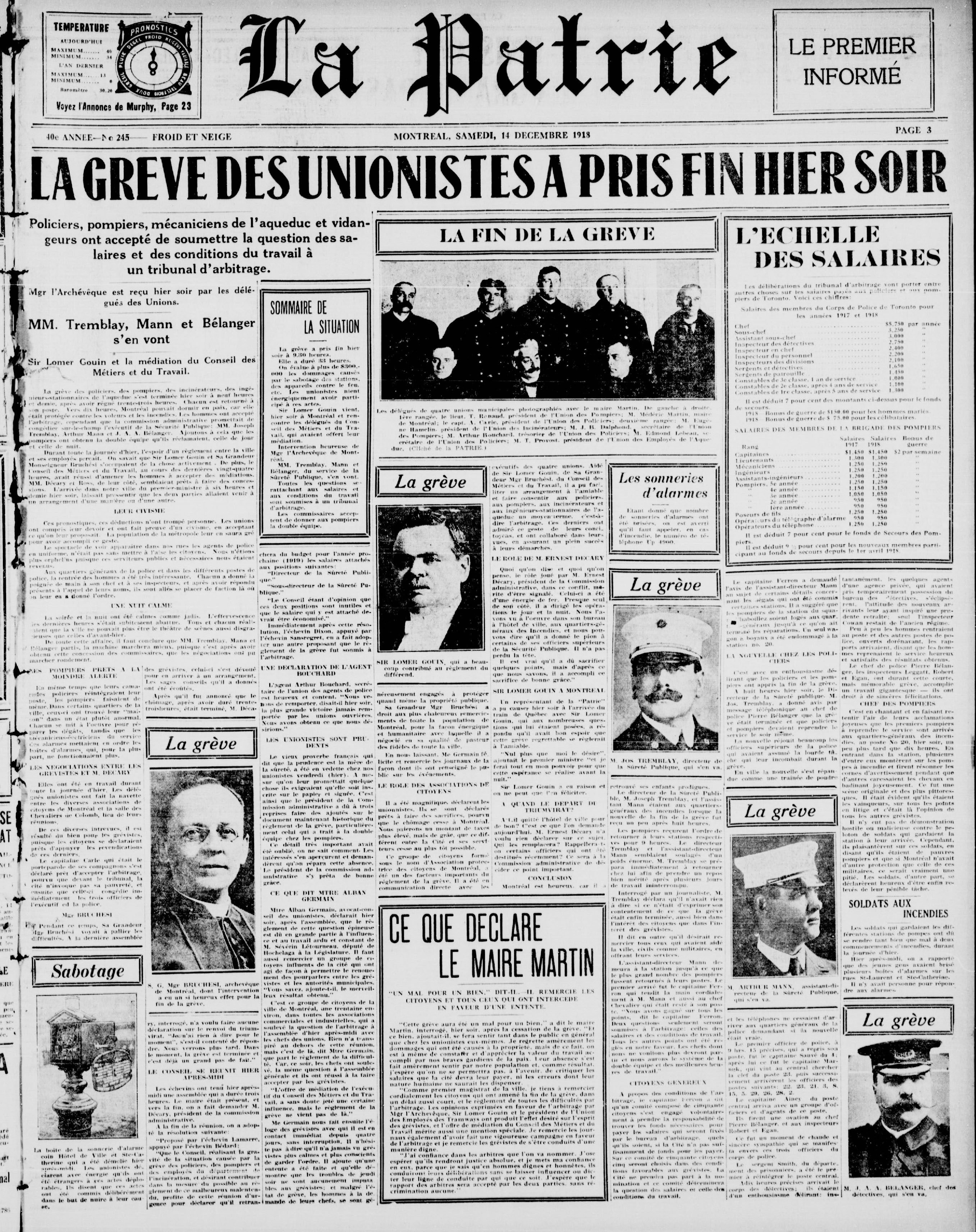 Une du journal La Patrie du 14 décembre 1918 avec en titre "La grève des unionistes a pris fin hier soir".