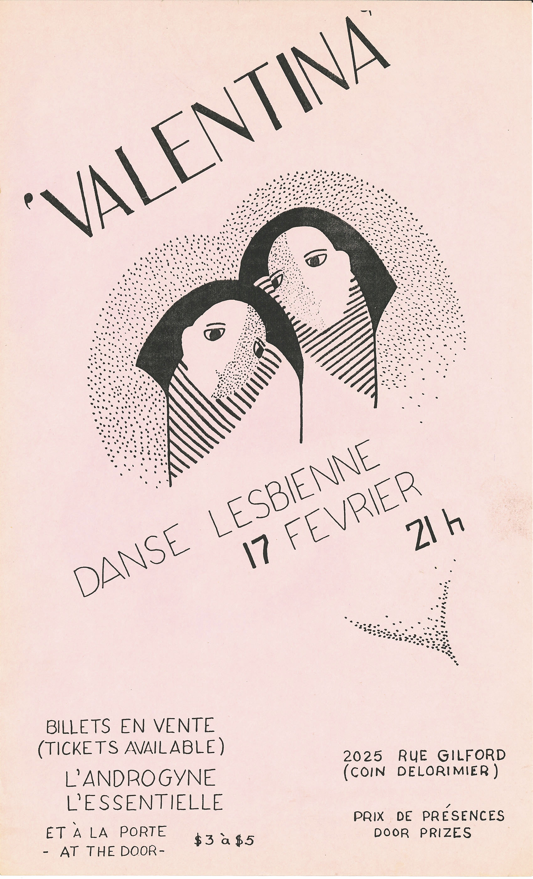 Affiche annonçant une danse lesbienne le 17 février, avec le titre Valentina, et une illustration stylisée représentant deux femmes dans un cœur.  