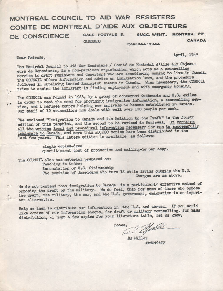 Lettre dactylographiée écrite en anglais par Ed Miller, secrétaire du Comité de Montréal d’aide aux objecteurs de conscience en date du mois d’avril 1969.