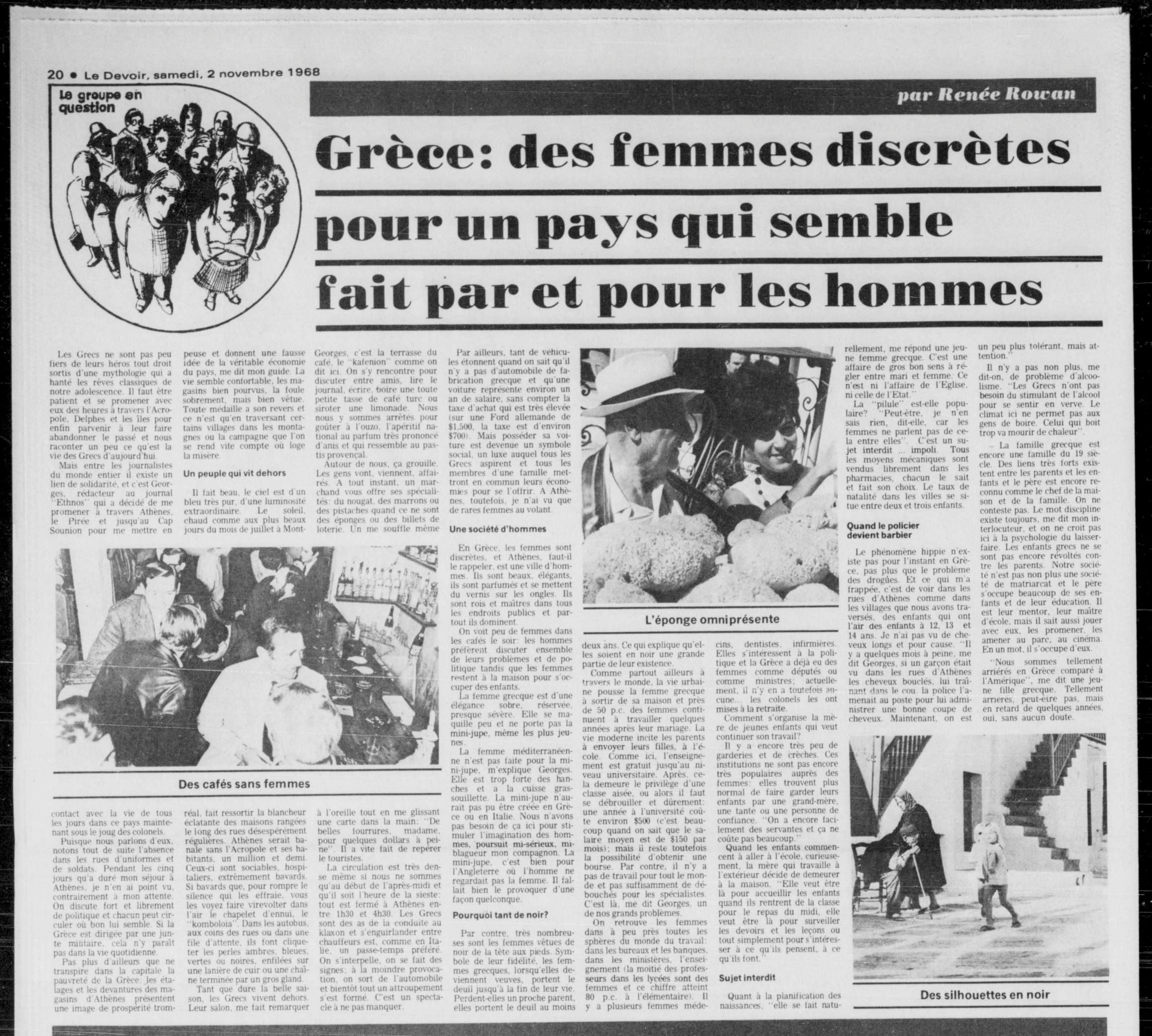Article du journal Le Devoir datant de 1968 intitulé "Grèce : des femmes discrètes pour un pays qui semble fait par et pour les hommes".
