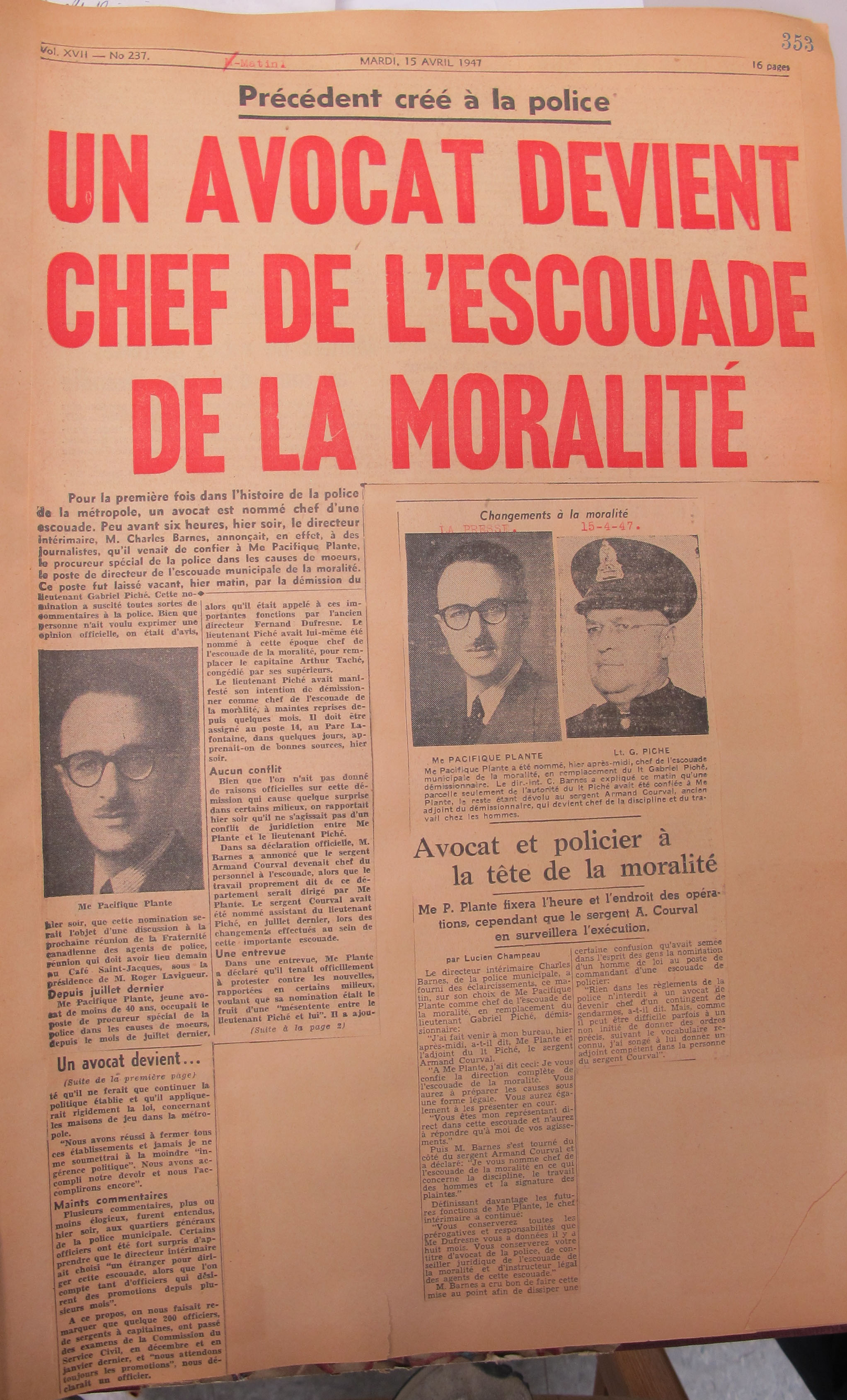 Coupure du journal Montréal Matin annonçant la nomination de Pacifique Plante comme chef de l'escouade de la moralité