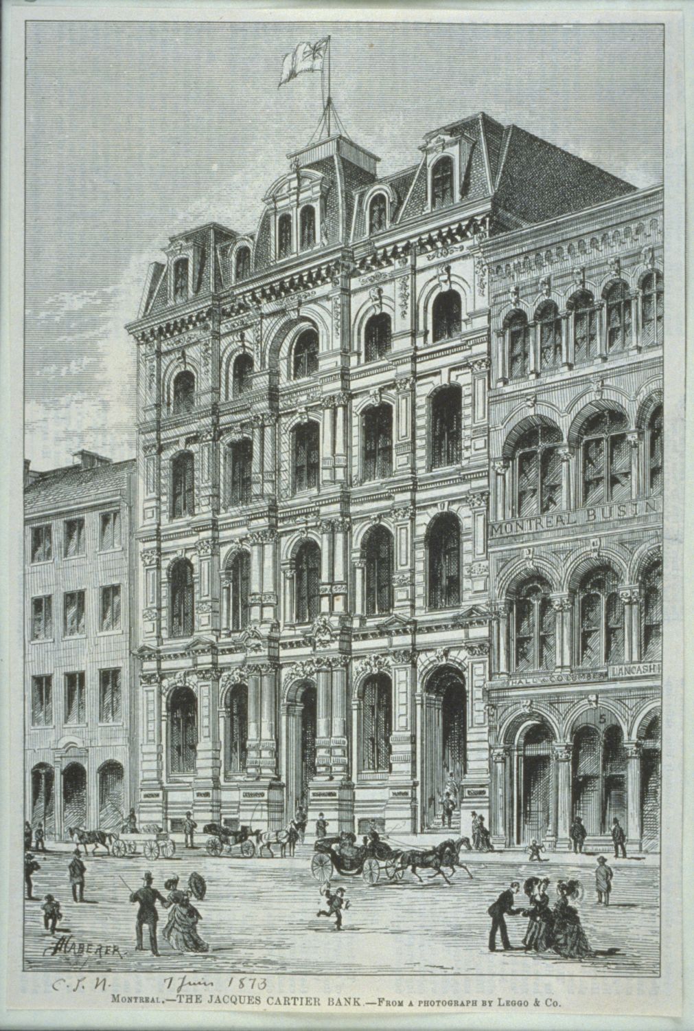 Illustration montrant une scène de rue avec la banque Jacques-Cartier en 1873