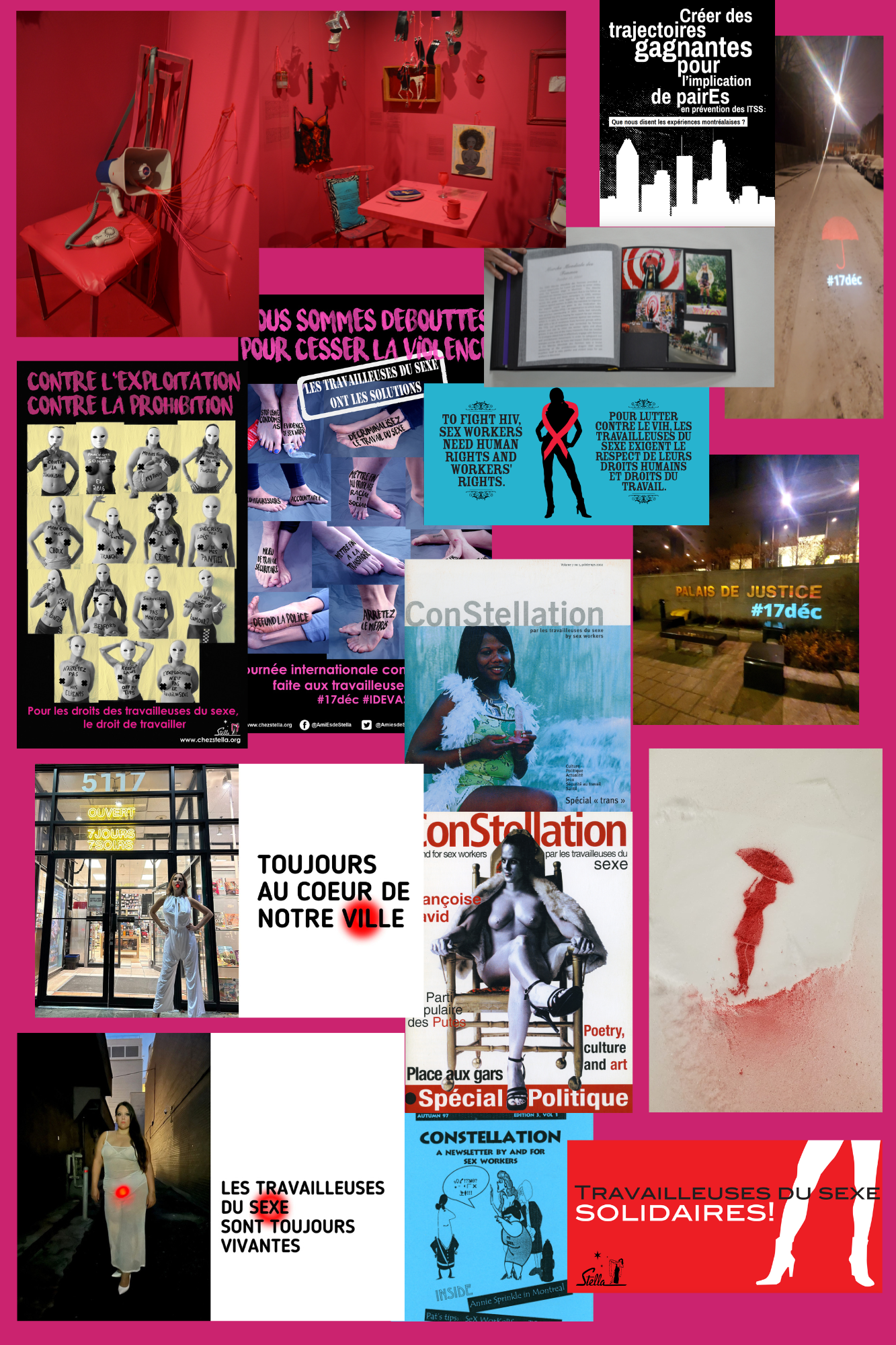 Collage d’affiches, de productions artistiques, d’installations, de publications et d’outils d’intervention.