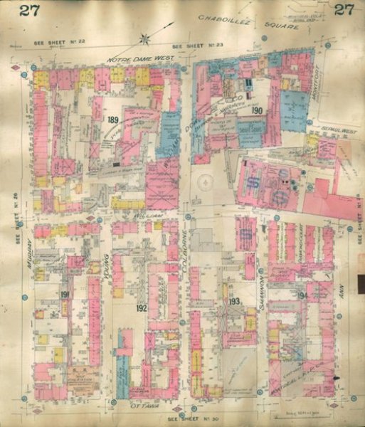 Plan d'incendie de 1909 montrant le quartier de Diamond Court.