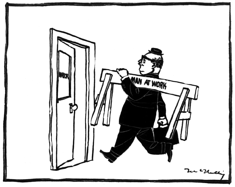 Caricature montrant Jean Drapeau avec une clôture de chantier où il est écrit "Man at Work".