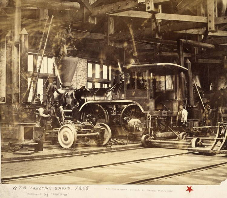 Locomotive « Trevithick » dans une salle de montage de la Grand Trunk Railway en 1858 à Pointe-Saint-Charles.