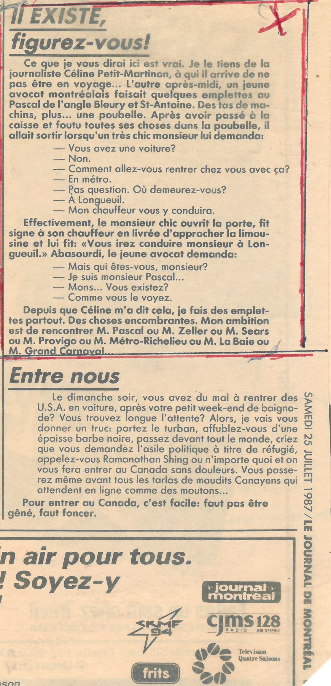 Coupure du Journal de Montréal portant le titre "Il existe, figurez-vous!"