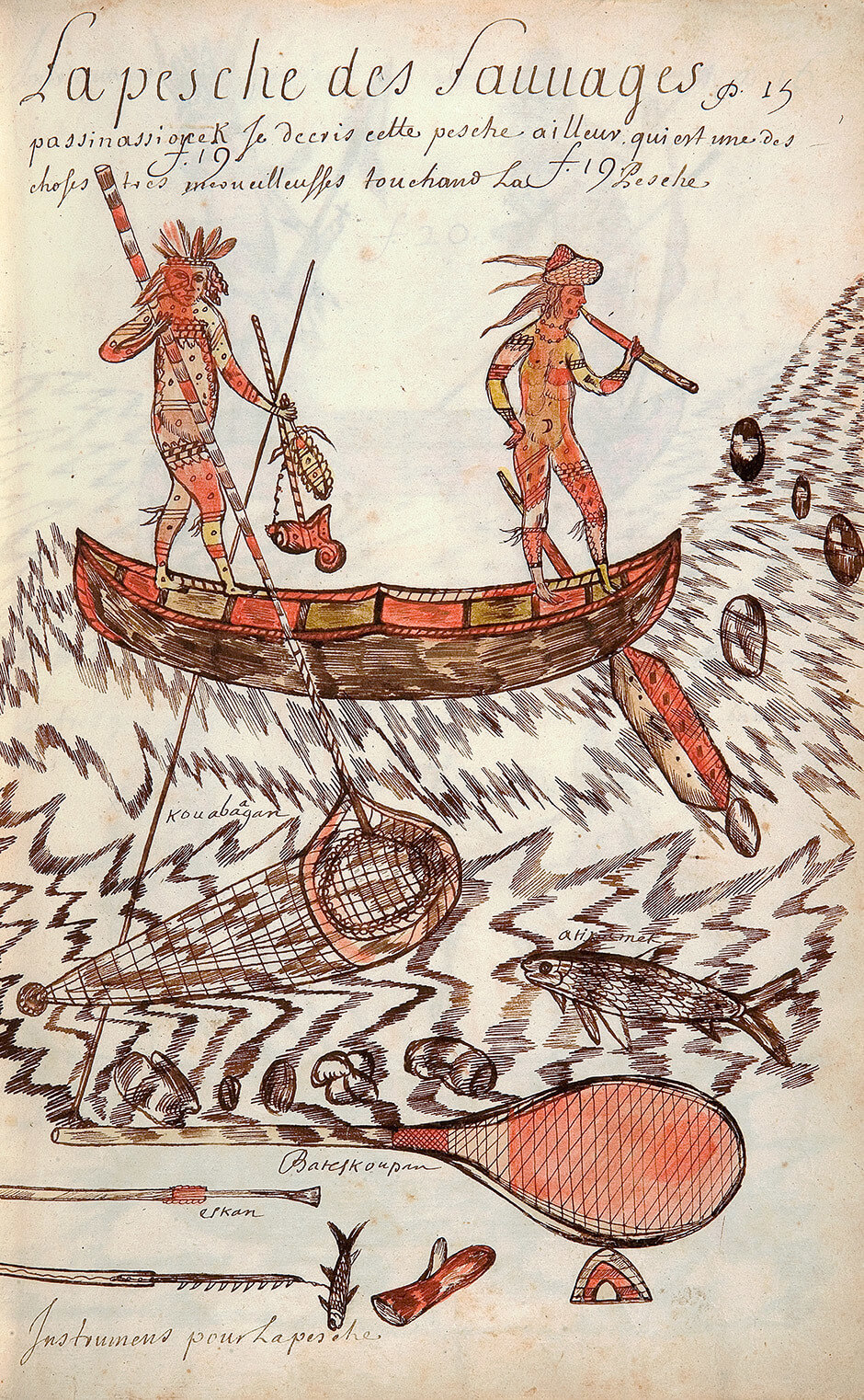 Illustration montrant des Autochtones pêchant à bord d'un canot