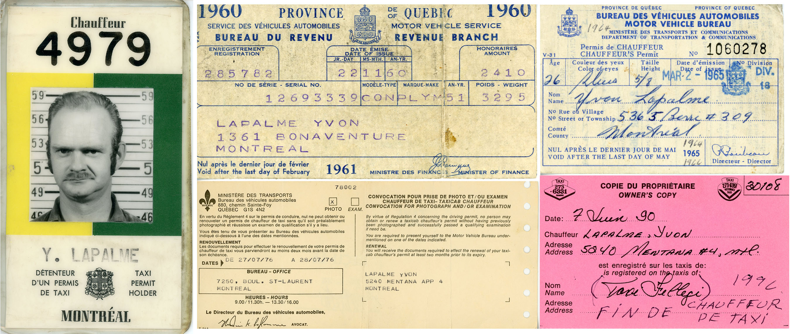 Photomontage de différents documents ayant appartenu à Yvon Lapalme pour son travail de chauffeur de taxi.