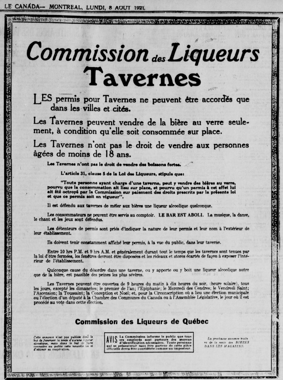 Annonce publiée par la Commission des Liqueurs du Québec concernant les règles à suivre par les taverniers à l’égard de la vente d’alcool.