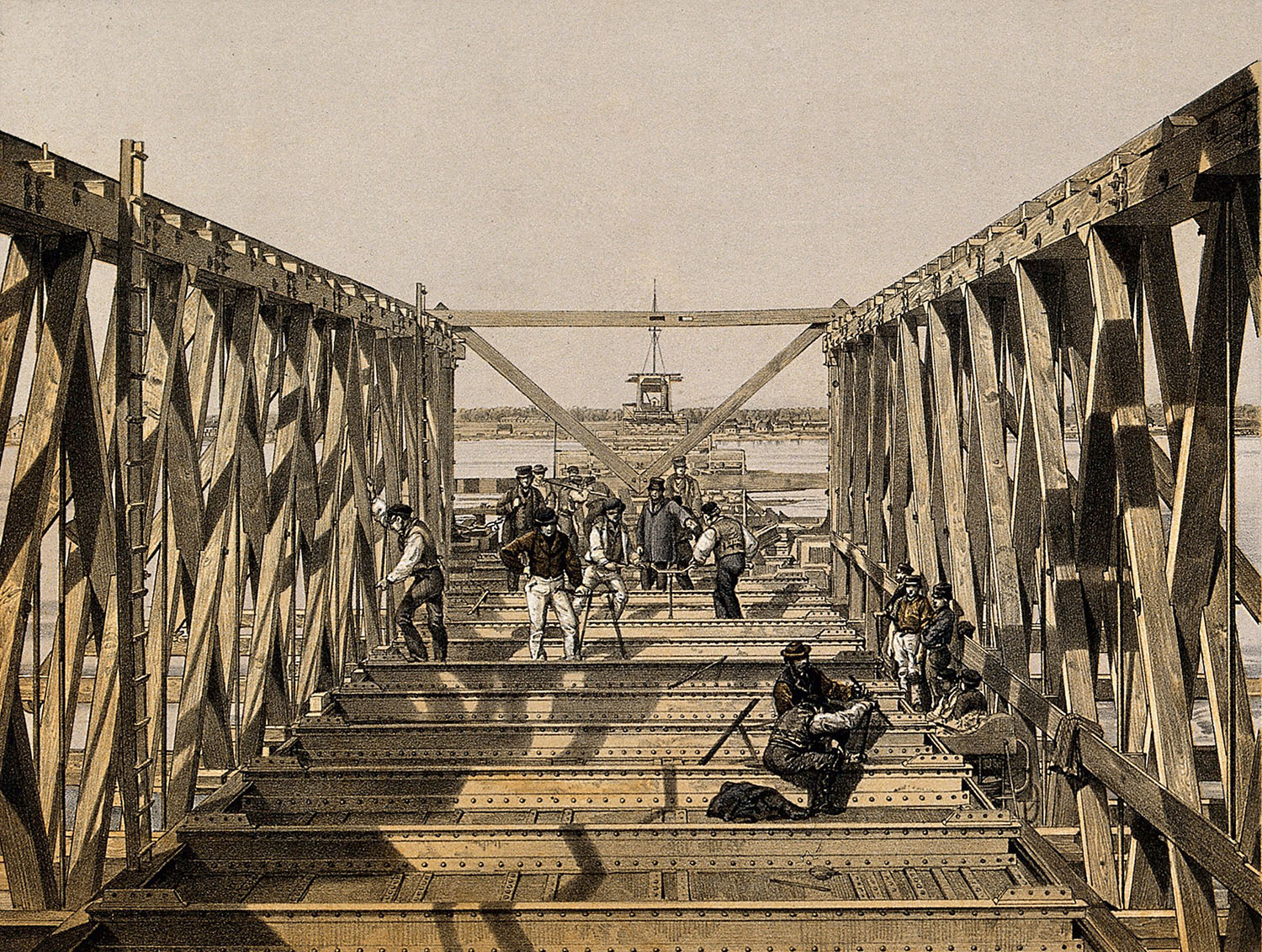 Lithographie montrant des ouvriers travaillant sur le tube central du pont Victoria. 
