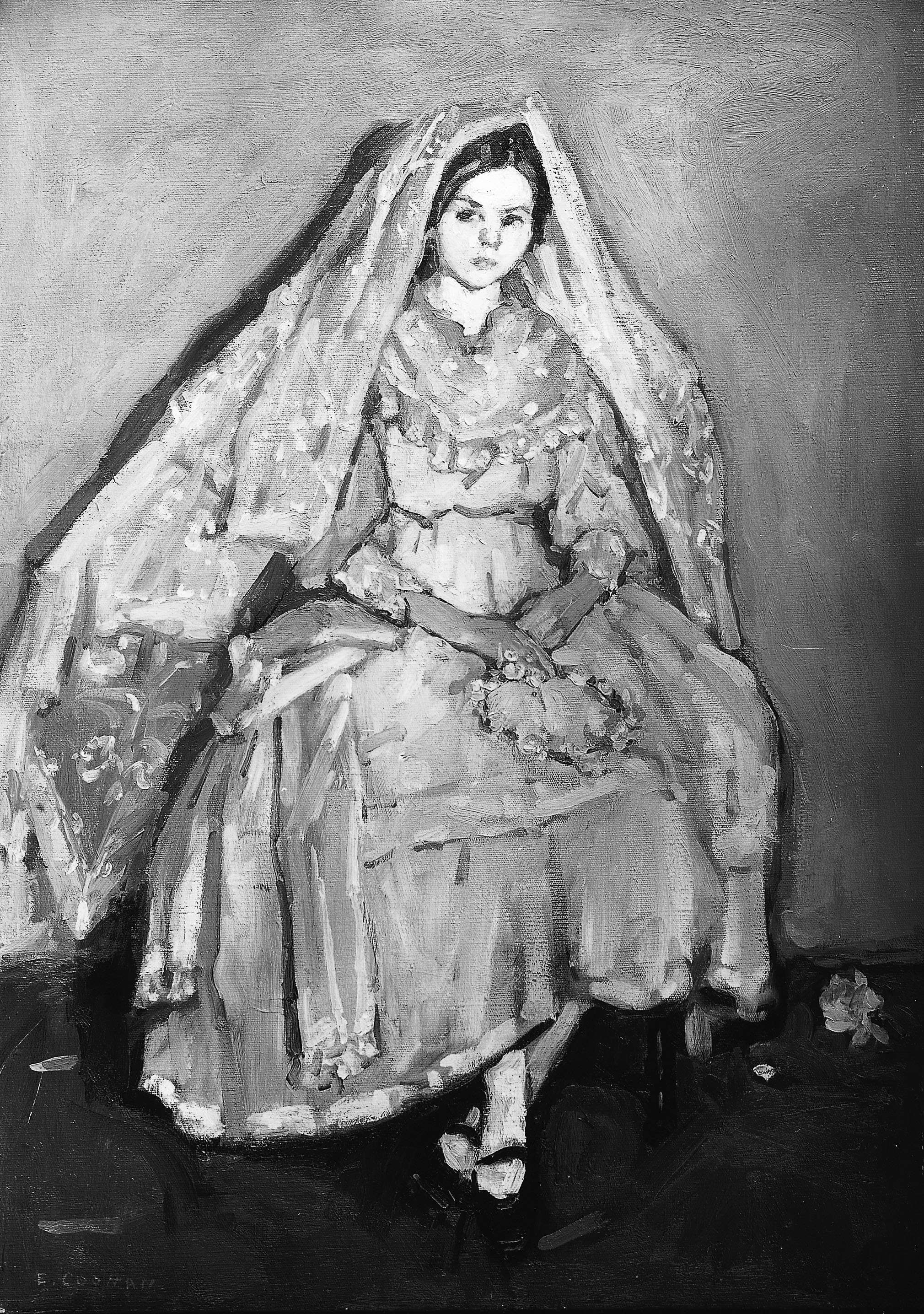 Peinture d’Emily Coonan représentant une femme en noir et blanc