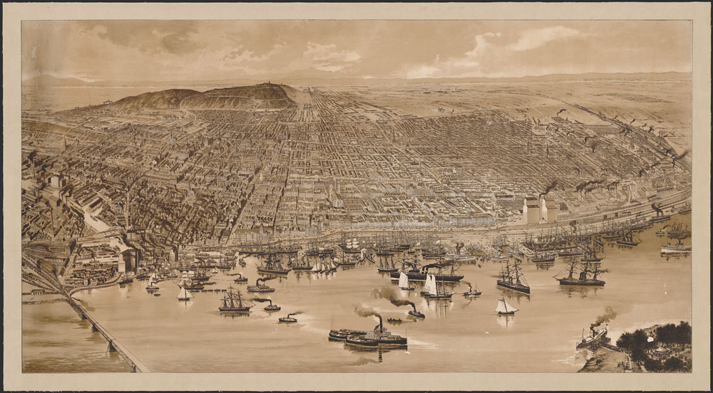 Illustration du port de Montréal avec ses bateaux et embarcations, et de l'île.