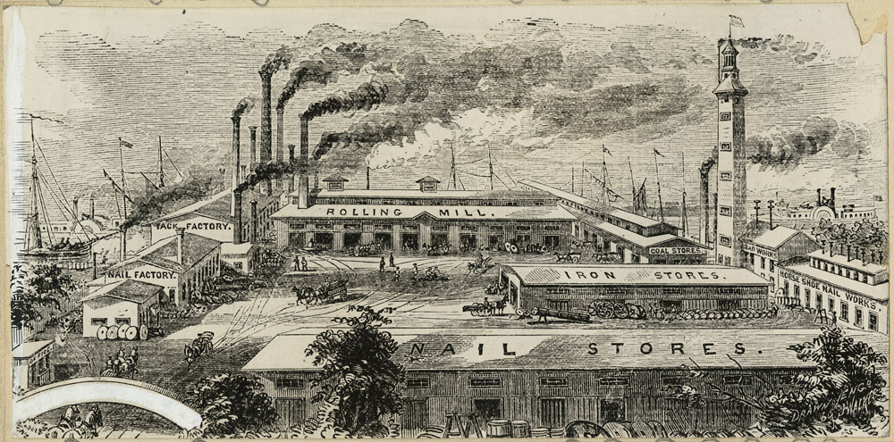 Illustration montrant les bâtiments de la Montreal Rolling Mills. 