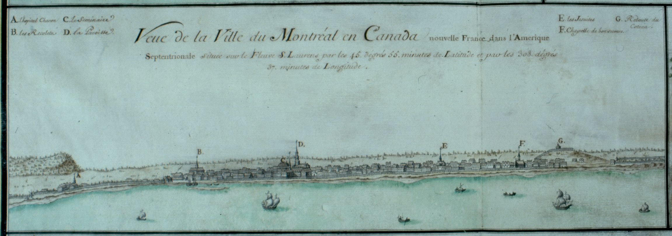 Vue de la ville de Montréal en 1721, avec le fleuve en avant-plan.