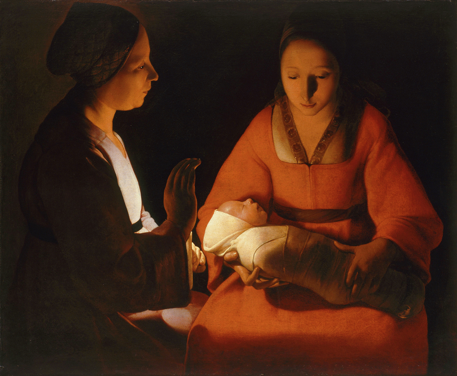 Peinture montrant un nouveau-né dans les bras de sa mère et une femme à leurs côtés