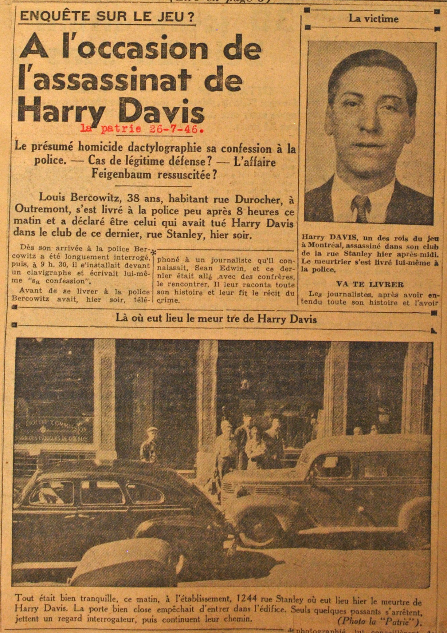 Coupure d’un journal qui parle de l’assassinat de Harry Davis avec une photo de la victime et une du 1244, rue Stanley, lieu du meurtre. 