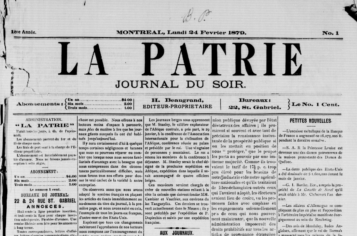 Premier numéro du journal La Patrie (24 février 1879).