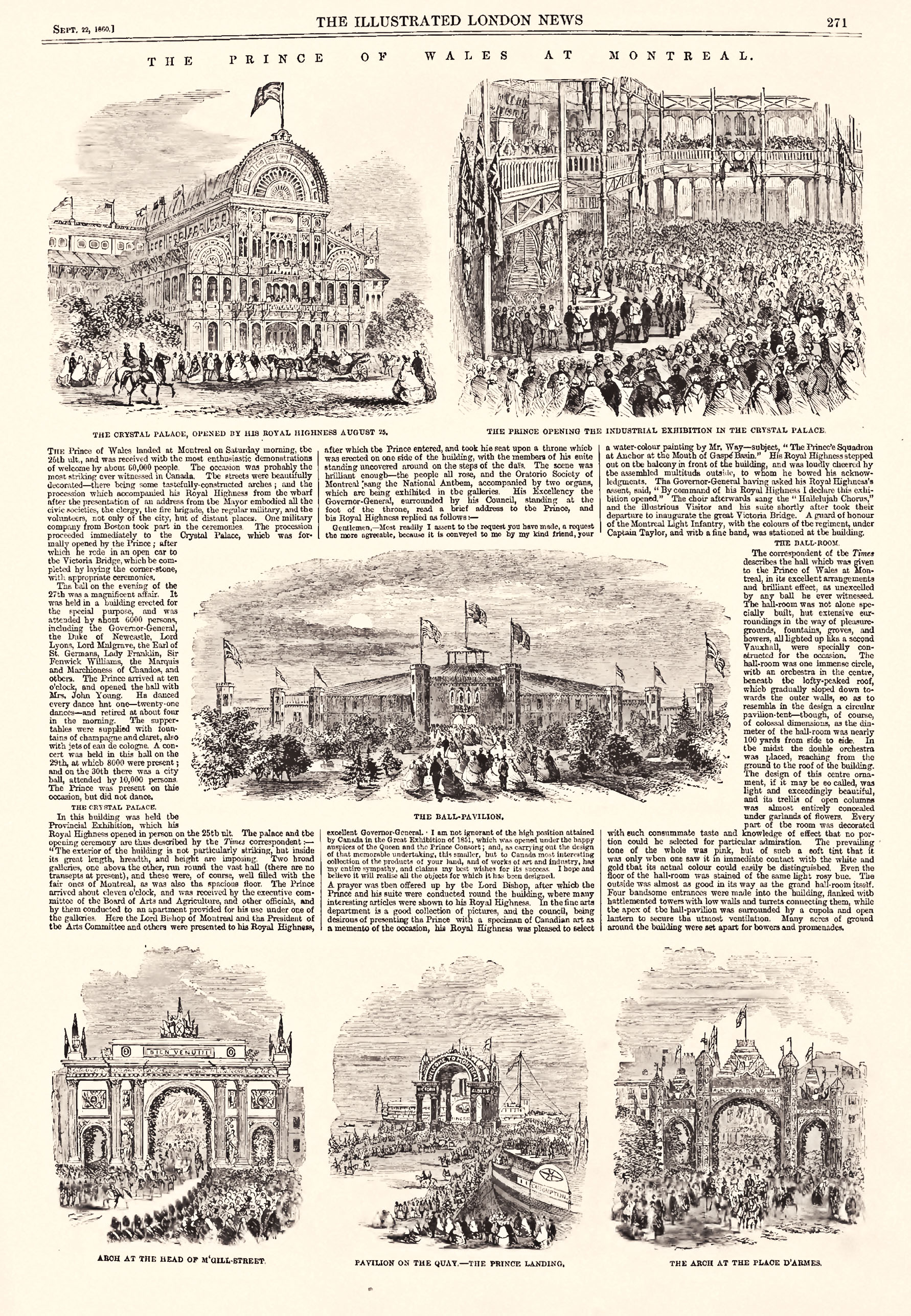 Page de journal avec texte et illustrations racontant la venue du prince de Galles à Montréal.