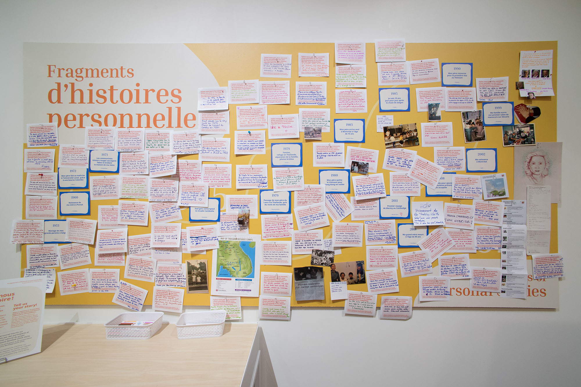 Un grand panneau d’exposition sur un mur rempli de petits morceaux de carton avec des notes manuscrites.