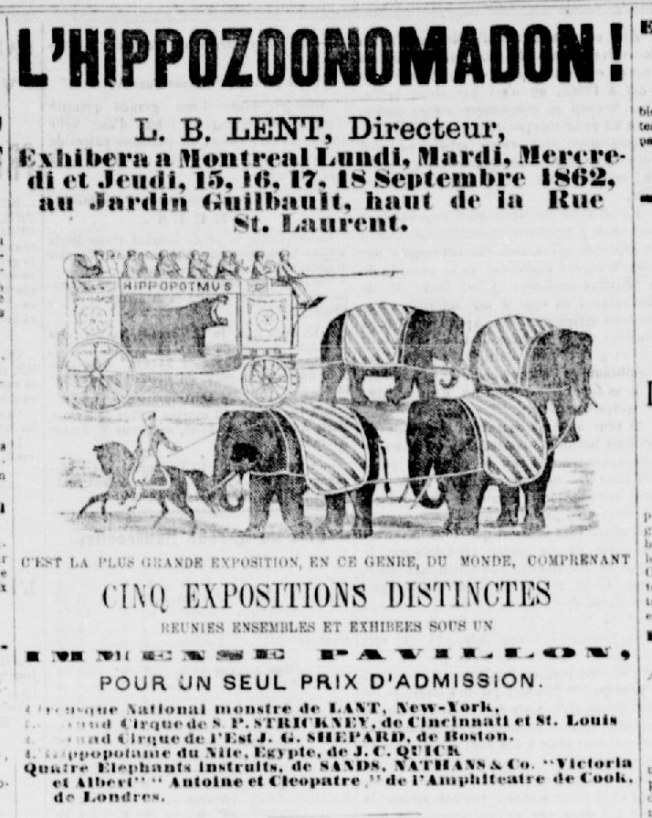 Publicité pour le cirque Hippozoonomadon, au Jardin Guilbault en septembre 1862