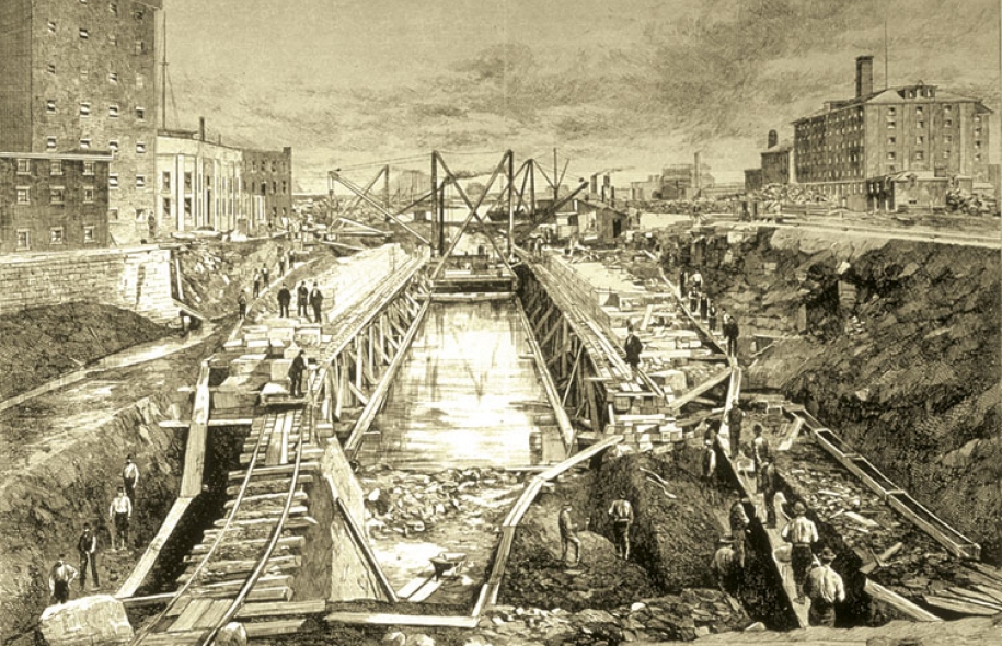 Illustration représentant l’agrandissement du canal Lachine dans les années 1870.