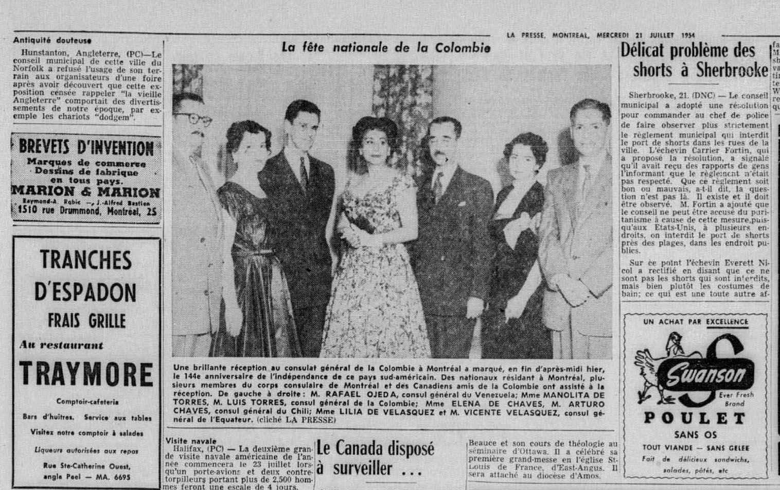 Réception au consulat général de Colombie à Montréal, en 1954, pour souligner le 144e anniversaire de l’indépendance du pays