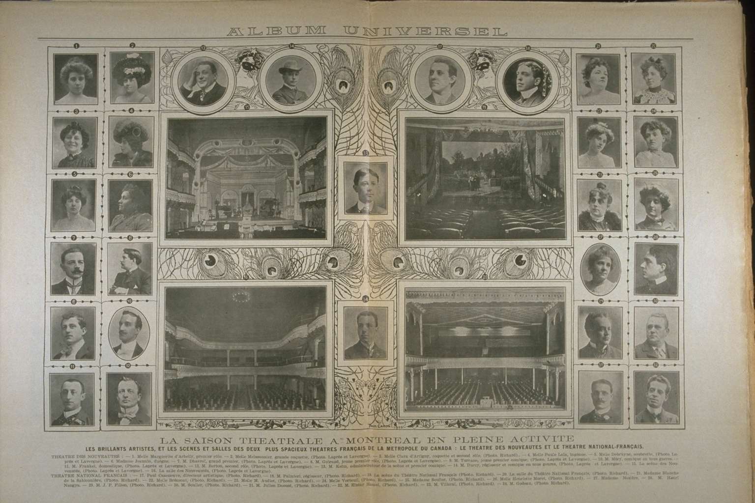 Diverses images des scènes, des salles et des artistes du théâtre des Nouveautés (sur la page de gauche) et du théâtre national (sur la page de droite). 